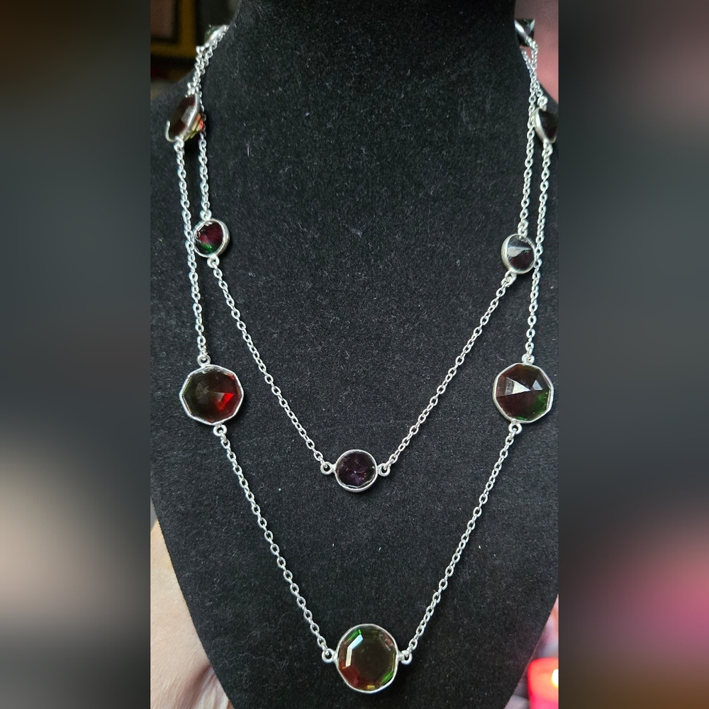 Watermelon tourmaline sterling silver diamond cut station necklace 18" - Picture 6 of 9